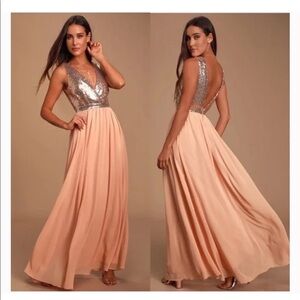 Lulus Elegant Encounter Rose Gold Sequin Maxi Dress Sz S NWT
